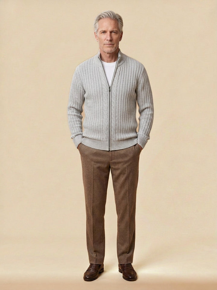 Dunstan ribbed zip cardigan in Light Grey, studio, Gentlemens Manor