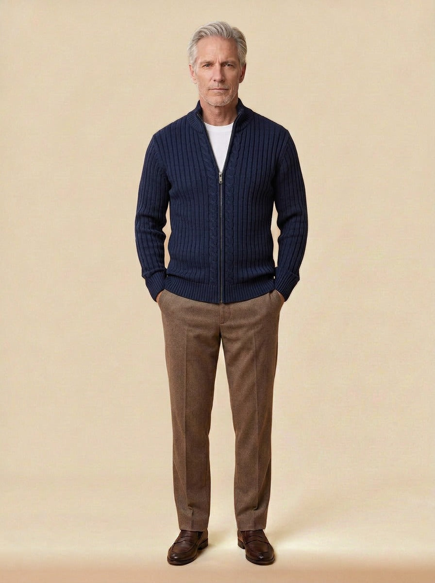 Dunstan ribbed zip cardigan in Navy, studio, Gentlemens Manor