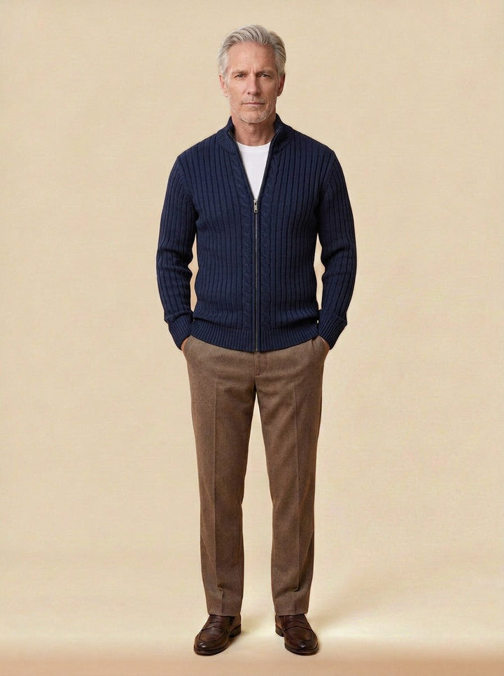 Dunstan ribbed zip cardigan in Navy, studio, Gentlemens Manor