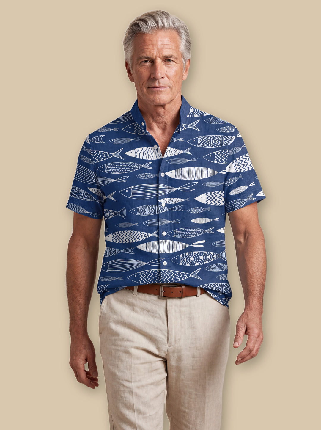 Dwight beach shirt in Navy, worn by a model on a warm sand studio background - Gentlemens Manor