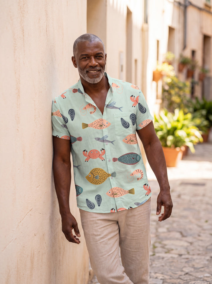 Dwight Men short sleeve shirt in bird, worn by a model on a Mediterranean terrace - Gentlemens Manor lifestyle