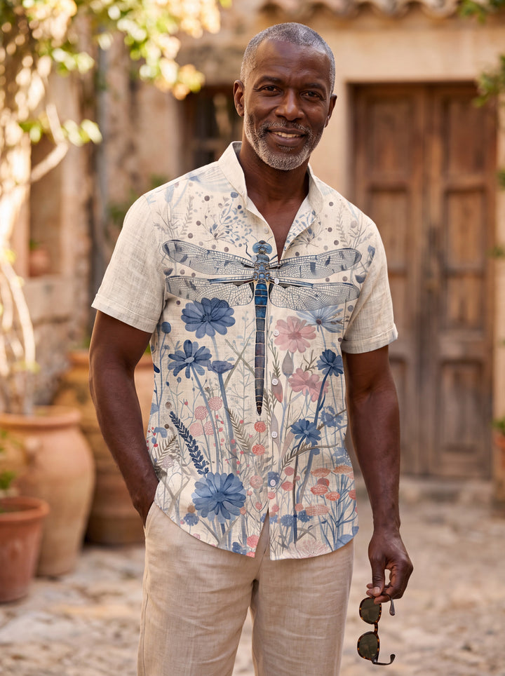 Dwight Men short sleeve shirt in dragonfly, worn by a model on a Mediterranean terrace - Gentlemens Manor lifestyle