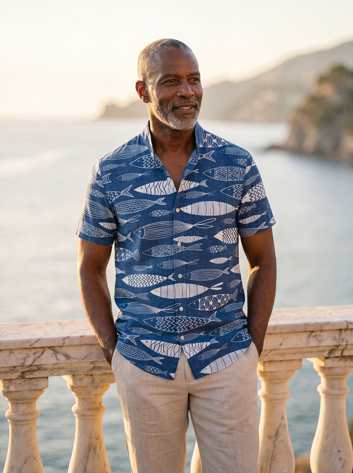 Dwight Men short sleeve shirt in fish, worn by a model on a Mediterranean terrace - Gentlemens Manor lifestyle