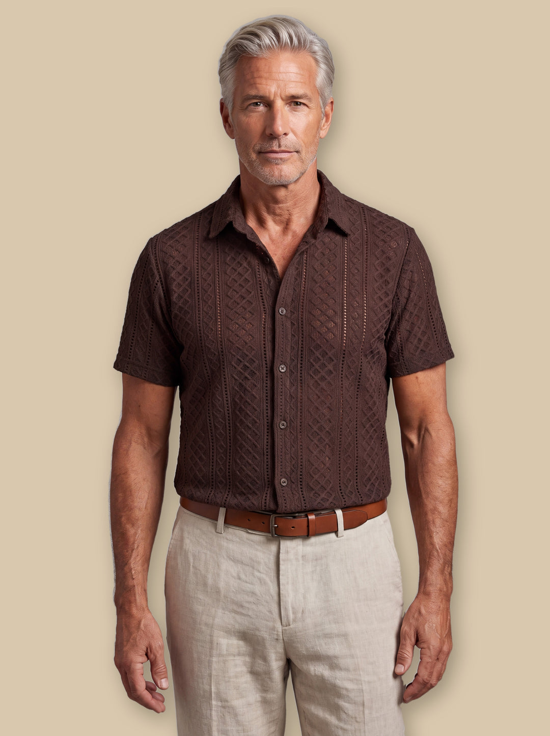 Earl casual shirt in Dark Brown, worn by a model on a warm sand studio background - Gentlemens Manor
