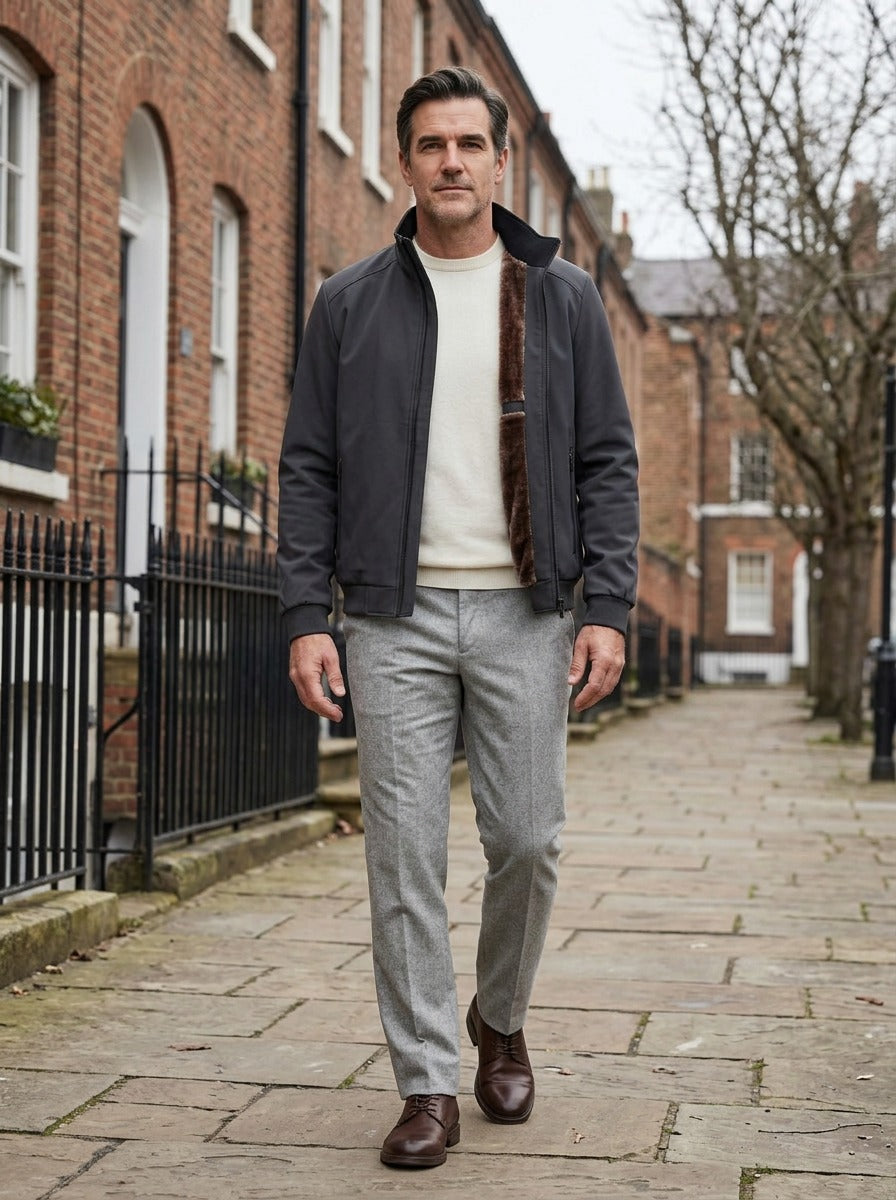 Easton bomber jacket in Charcoal, lifestyle on a street of brick row houses, Gentlemens Manor