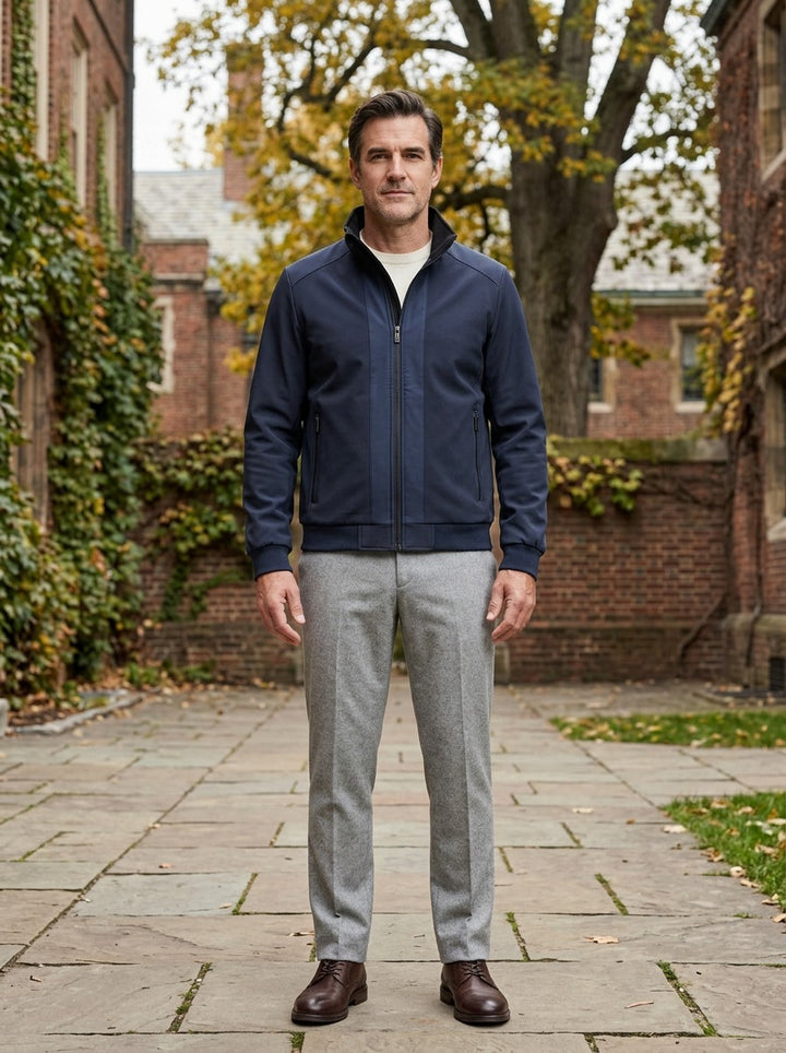 Easton bomber jacket in Navy, lifestyle in a brick college courtyard, Gentlemens Manor