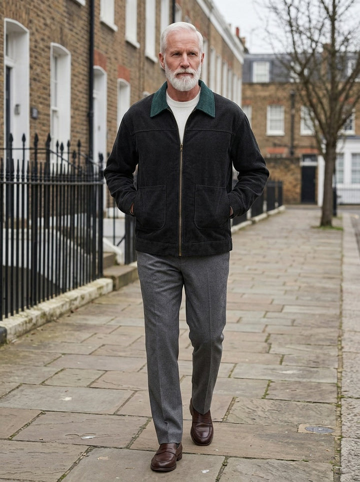 Eastwood contrast collar corduroy jacket in Black, lifestyle on a street of brick row houses, Gentlemens Manor