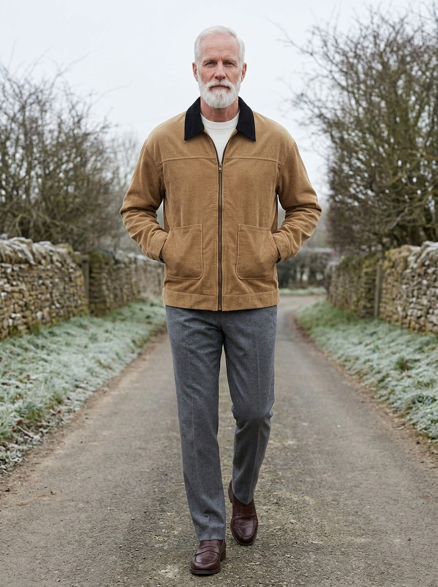 Eastwood contrast collar corduroy jacket in Brown, lifestyle on a country lane, Gentlemens Manor