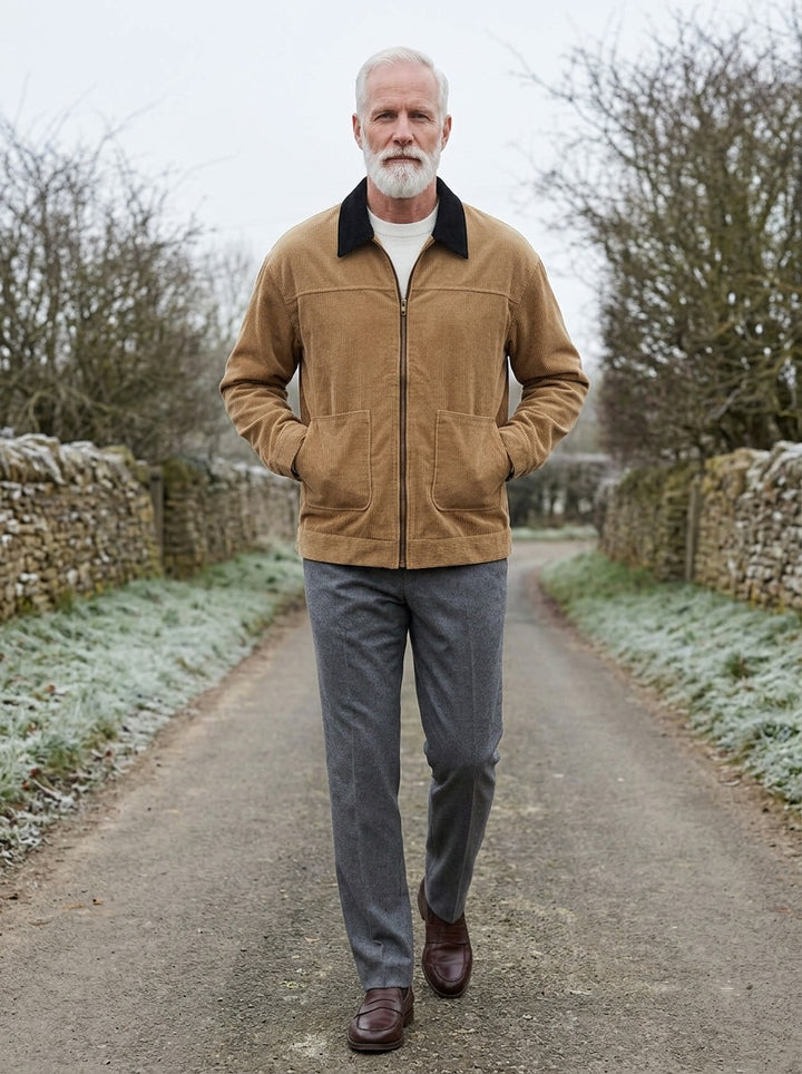 Eastwood contrast collar corduroy jacket in Brown, lifestyle on a country lane, Gentlemens Manor