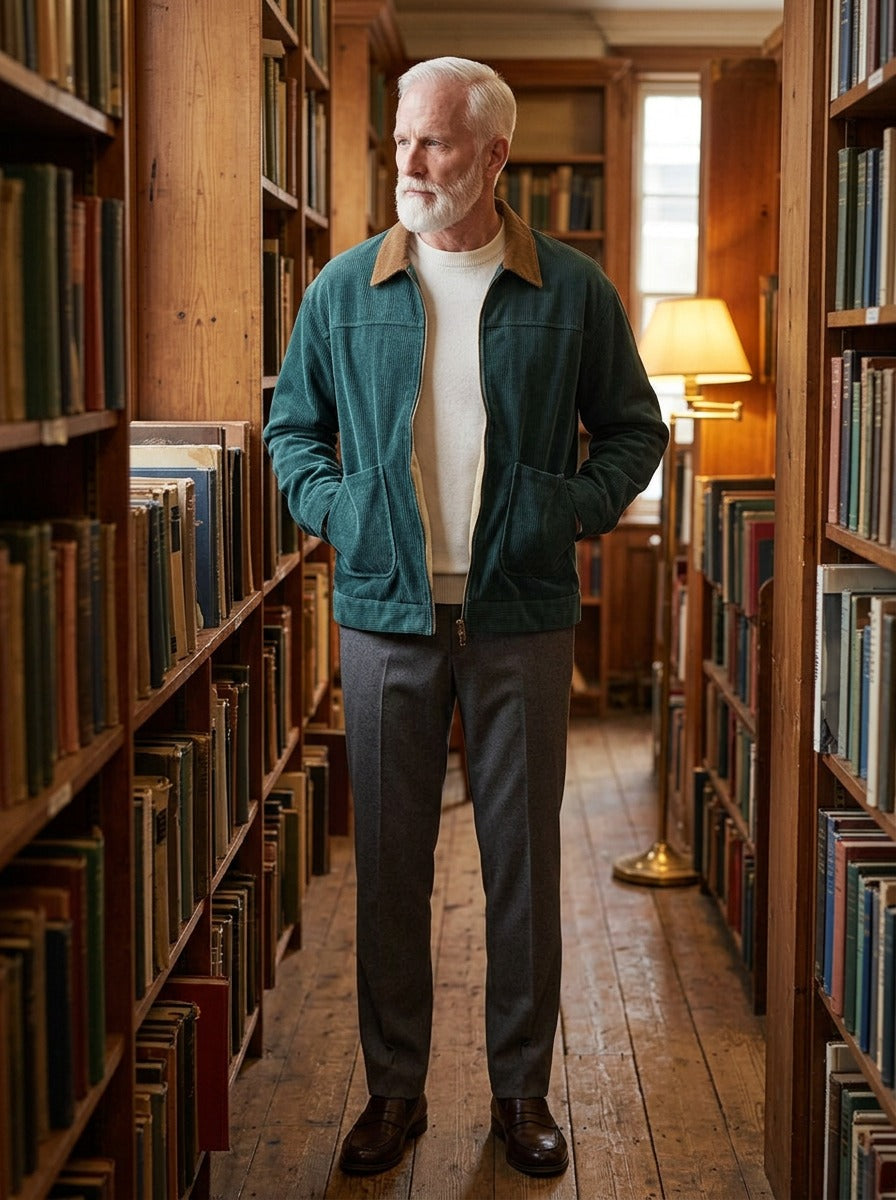 Eastwood contrast collar corduroy jacket in Green, lifestyle in a secondhand bookshop, Gentlemens Manor