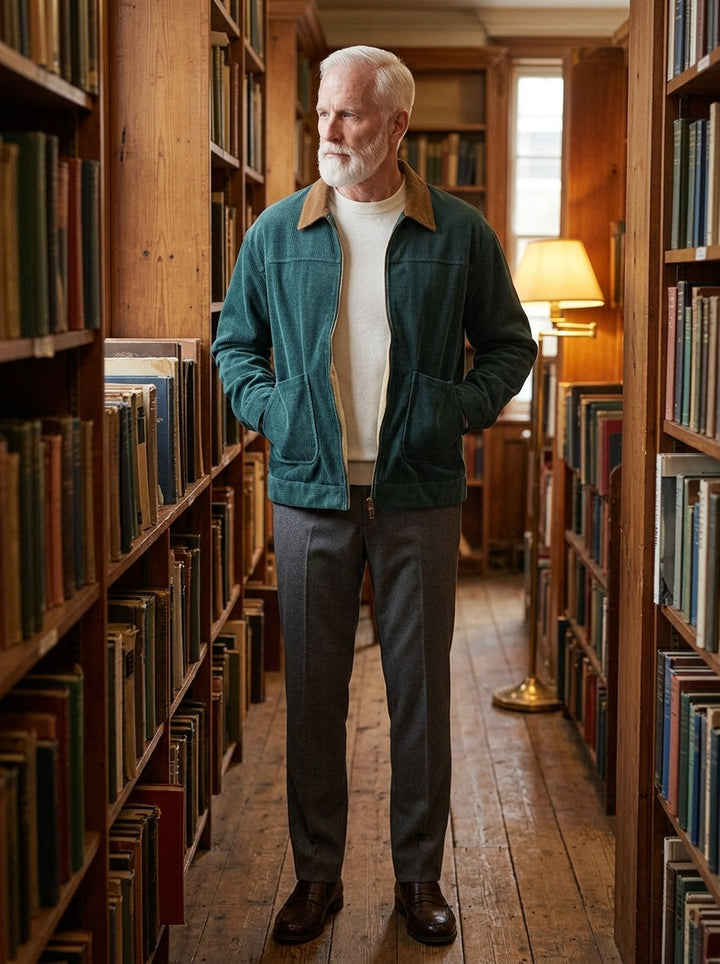Eastwood contrast collar corduroy jacket in Green, lifestyle in a secondhand bookshop, Gentlemens Manor