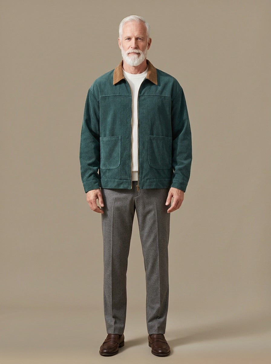 Eastwood contrast collar corduroy jacket in Green, studio, Gentlemens Manor