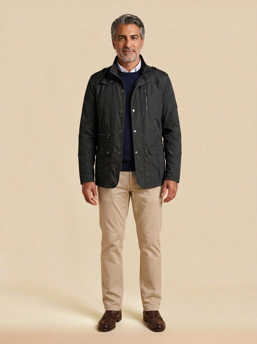 Eaton stand collar field jacket in Black, studio, Gentlemens Manor