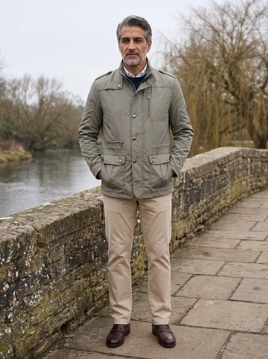 Eaton stand collar field jacket in Khaki, lifestyle on a stone footbridge, Gentlemens Manor