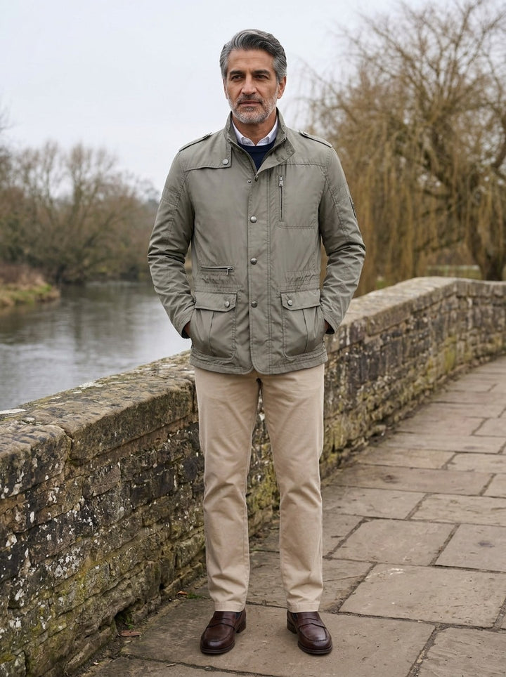Eaton stand collar field jacket in Khaki, lifestyle on a stone footbridge, Gentlemens Manor