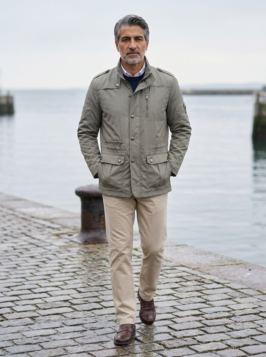 Eaton stand collar field jacket in Khaki, lifestyle on a stone harbor quay, Gentlemens Manor