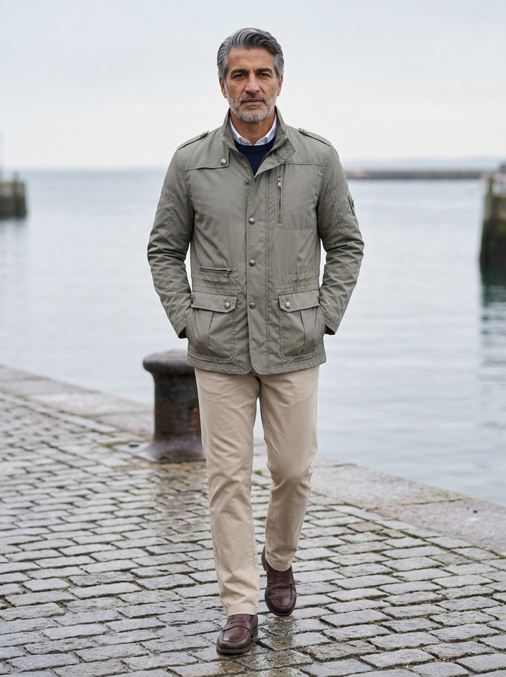 Eaton stand collar field jacket in Khaki, lifestyle on a stone harbor quay, Gentlemens Manor
