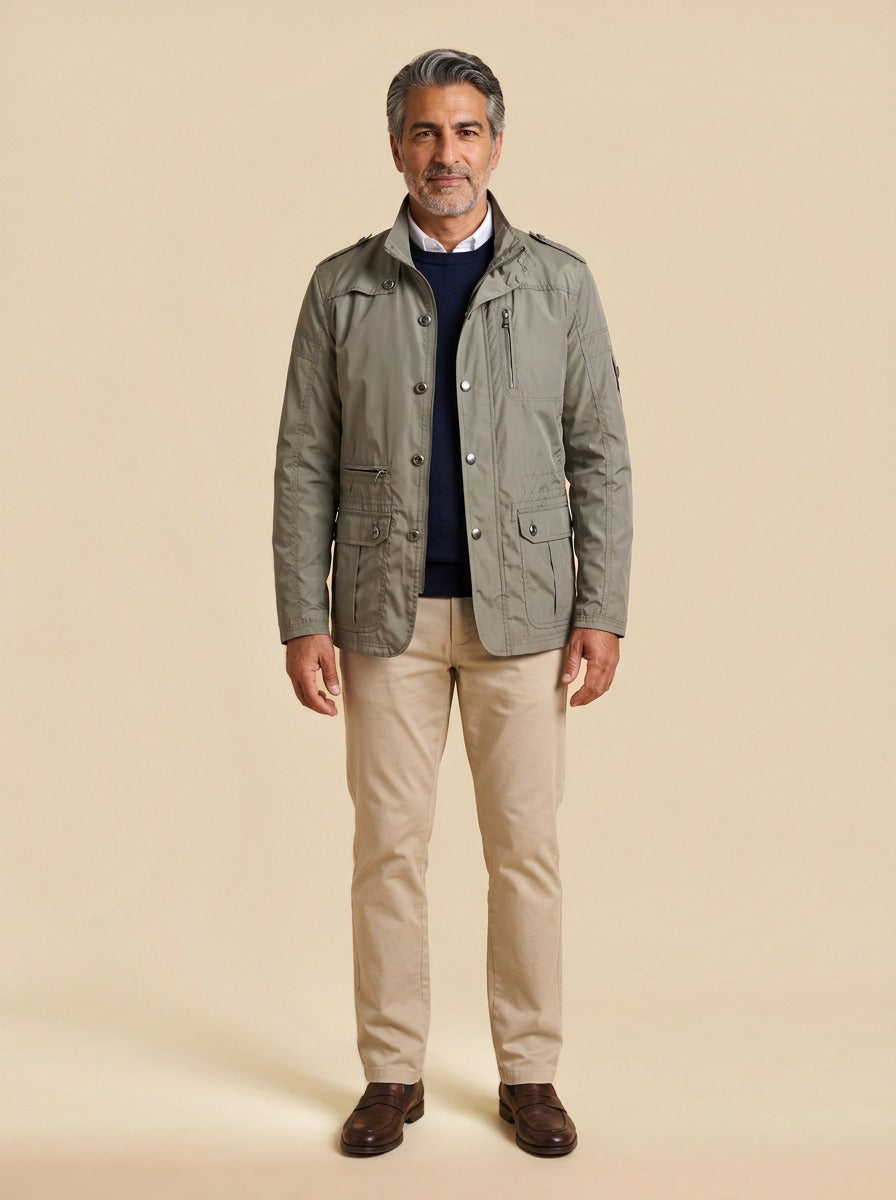 Eaton stand collar field jacket in Khaki, studio, Gentlemens Manor