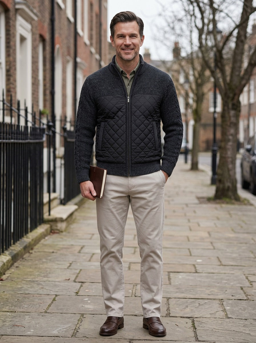 Edgerton quilted knit jacket in Black, lifestyle on a street of brick row houses, Gentlemens Manor