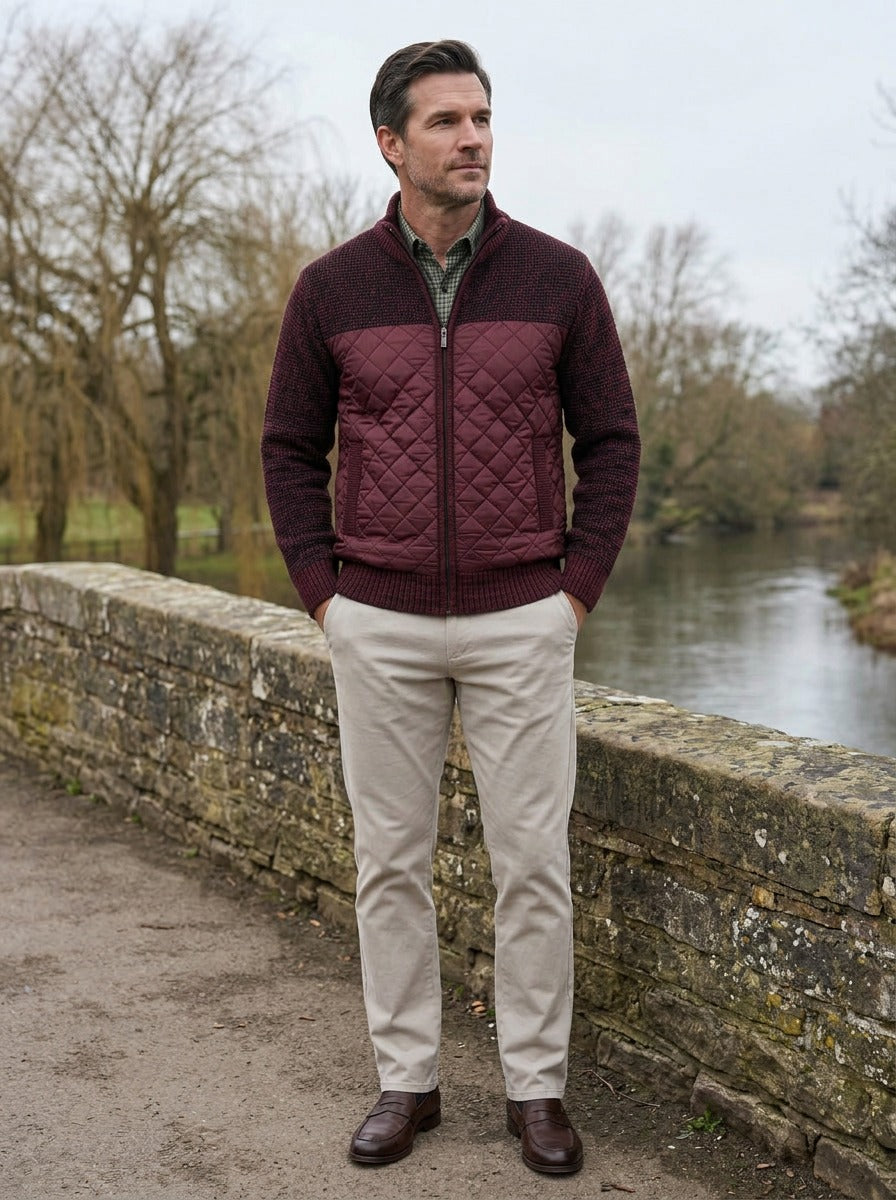 Edgerton quilted knit jacket in Burgundy, lifestyle on a stone footbridge, Gentlemens Manor