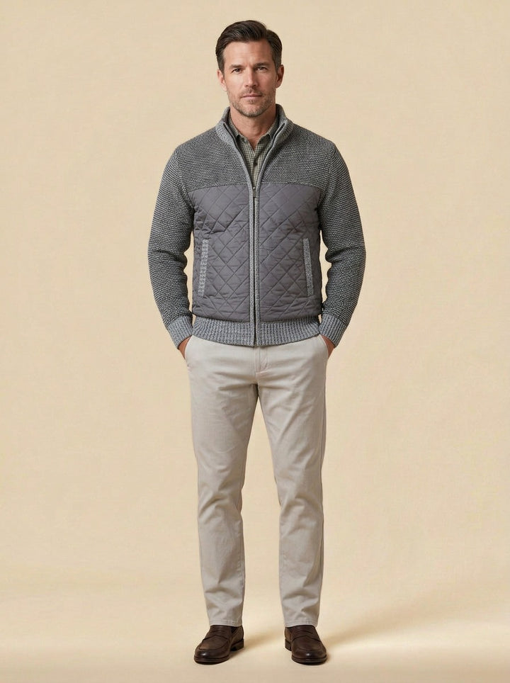 Edgerton quilted knit jacket in Grey, studio, Gentlemens Manor