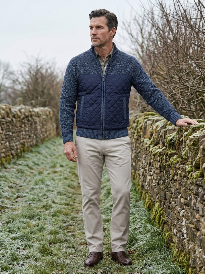 Edgerton quilted knit jacket in Navy, lifestyle on a country lane, Gentlemens Manor