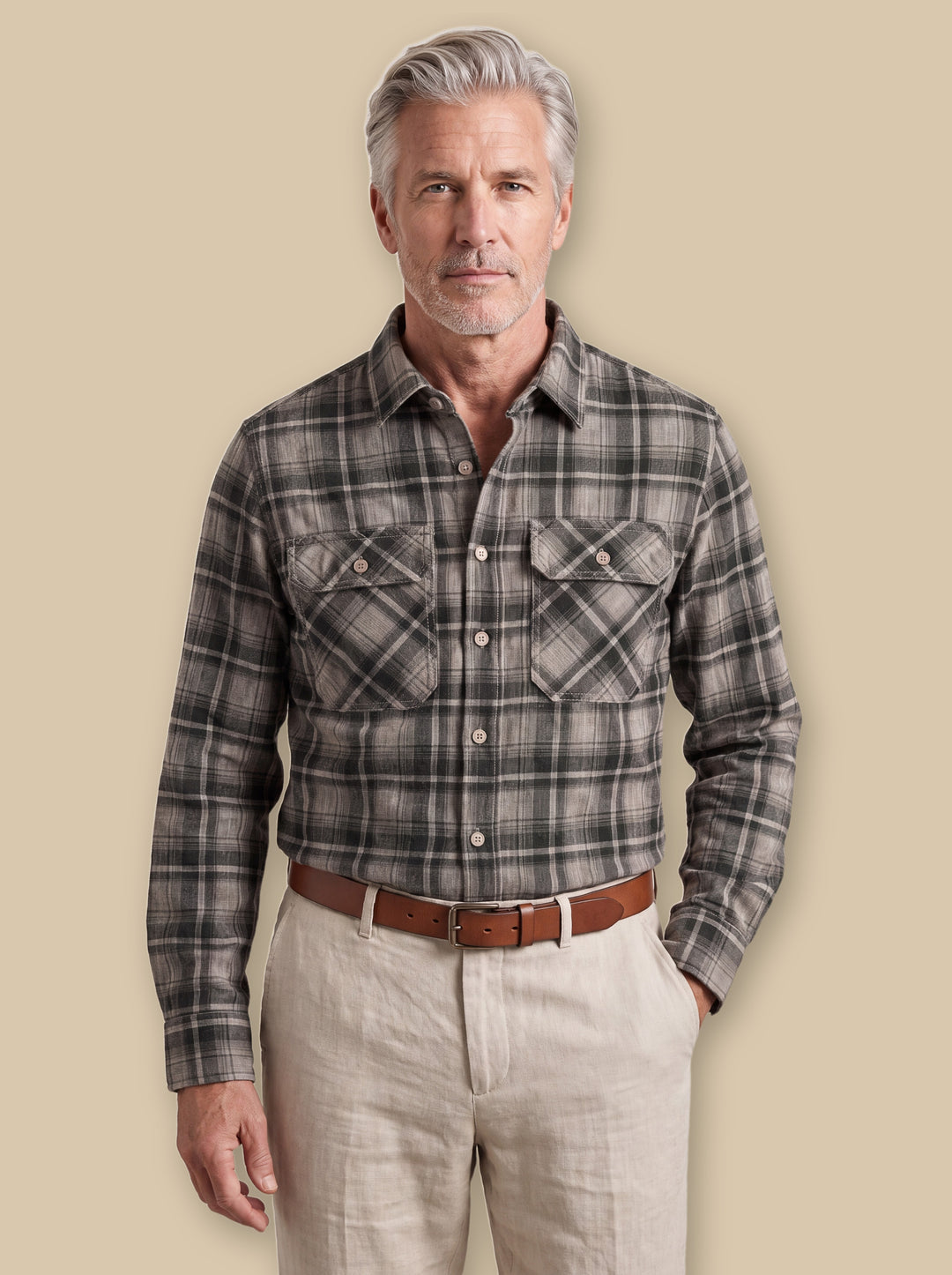 Edison casual shirt in Charcoal, worn by a model on a warm sand studio background - Gentlemens Manor