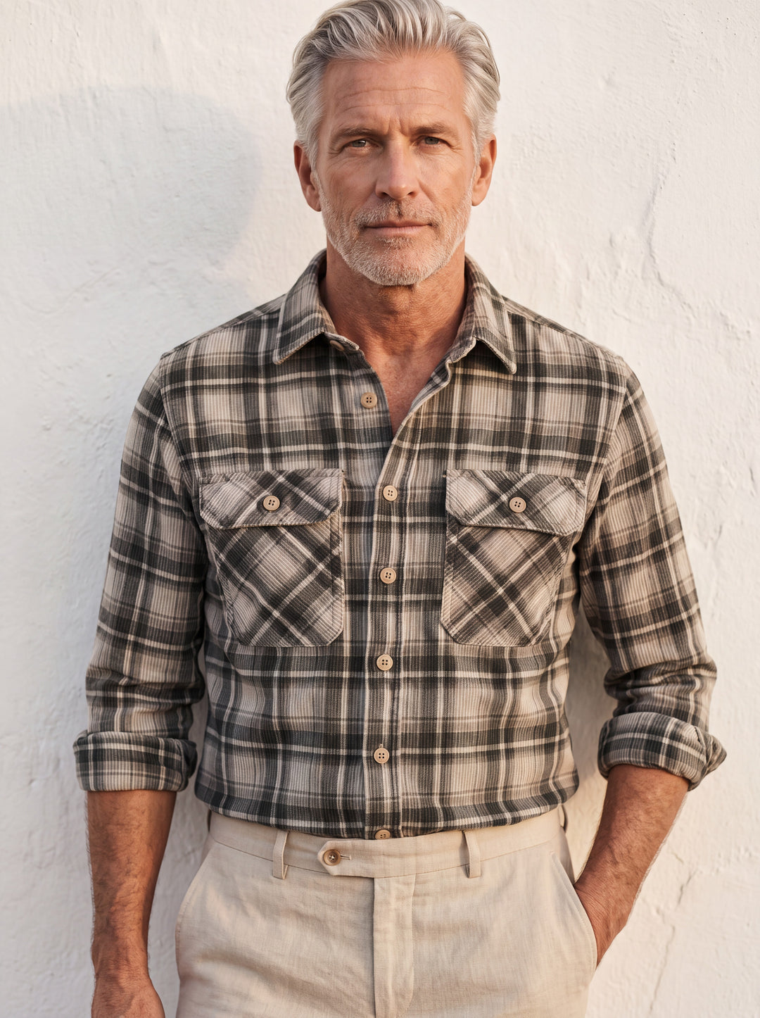 Edison shirt in Charcoal, worn by a model in a Mediterranean setting - Gentlemens Manor lifestyle