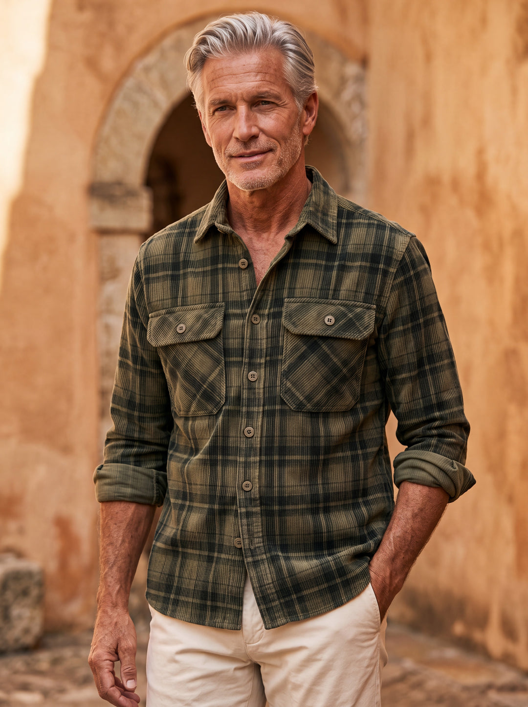 Edison shirt in Green, worn by a model in a Mediterranean setting - Gentlemens Manor lifestyle