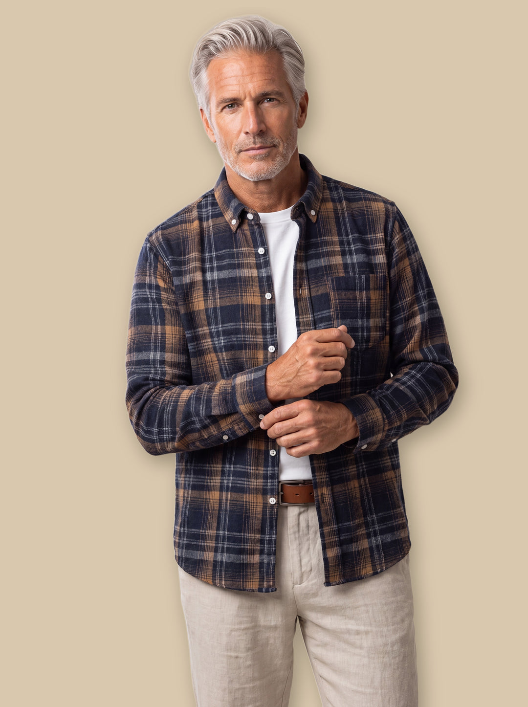 Edmund casual shirt in Navy, worn by a model on a warm sand studio background - Gentlemens Manor