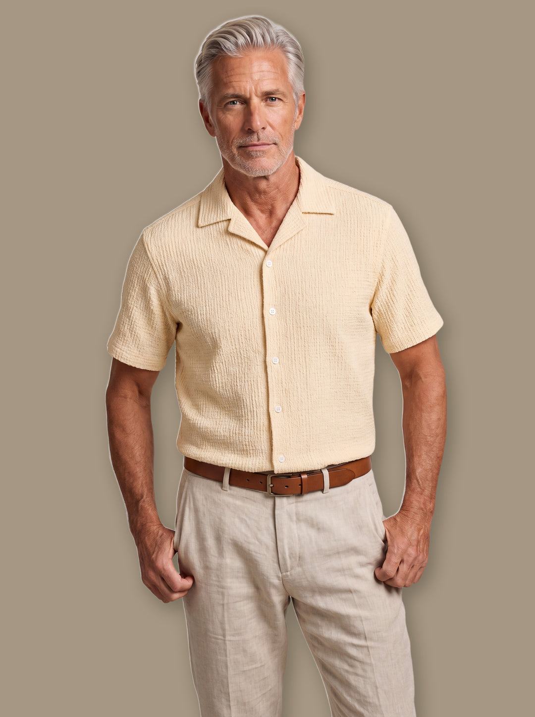 Edward casual shirt in Cream, worn by a model on a warm taupe studio background - Gentlemens Manor