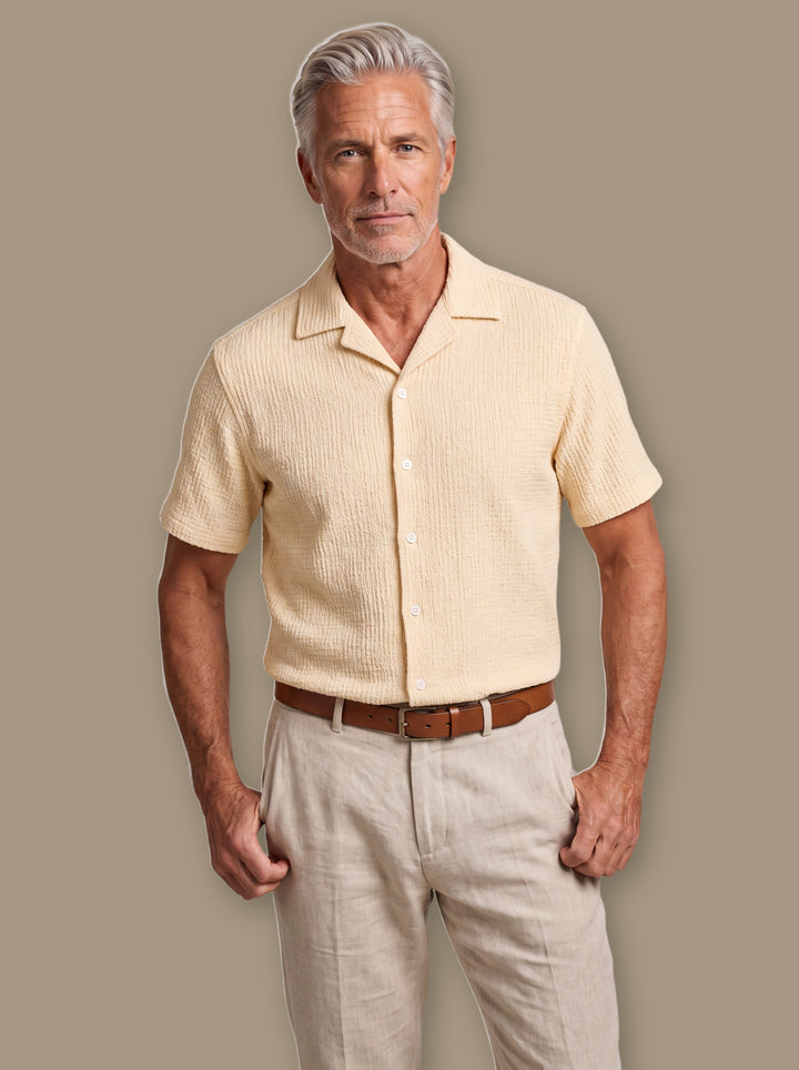 Edward casual shirt in Cream, worn by a model on a warm taupe studio background - Gentlemens Manor