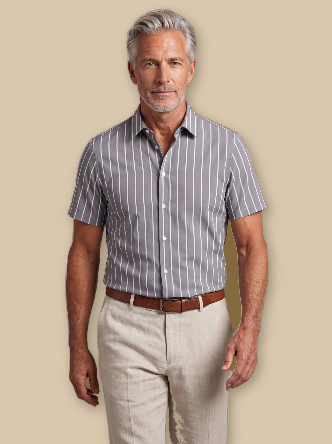 Edwin casual shirt in Grey, worn by a model on a warm sand studio background - Gentlemens Manor