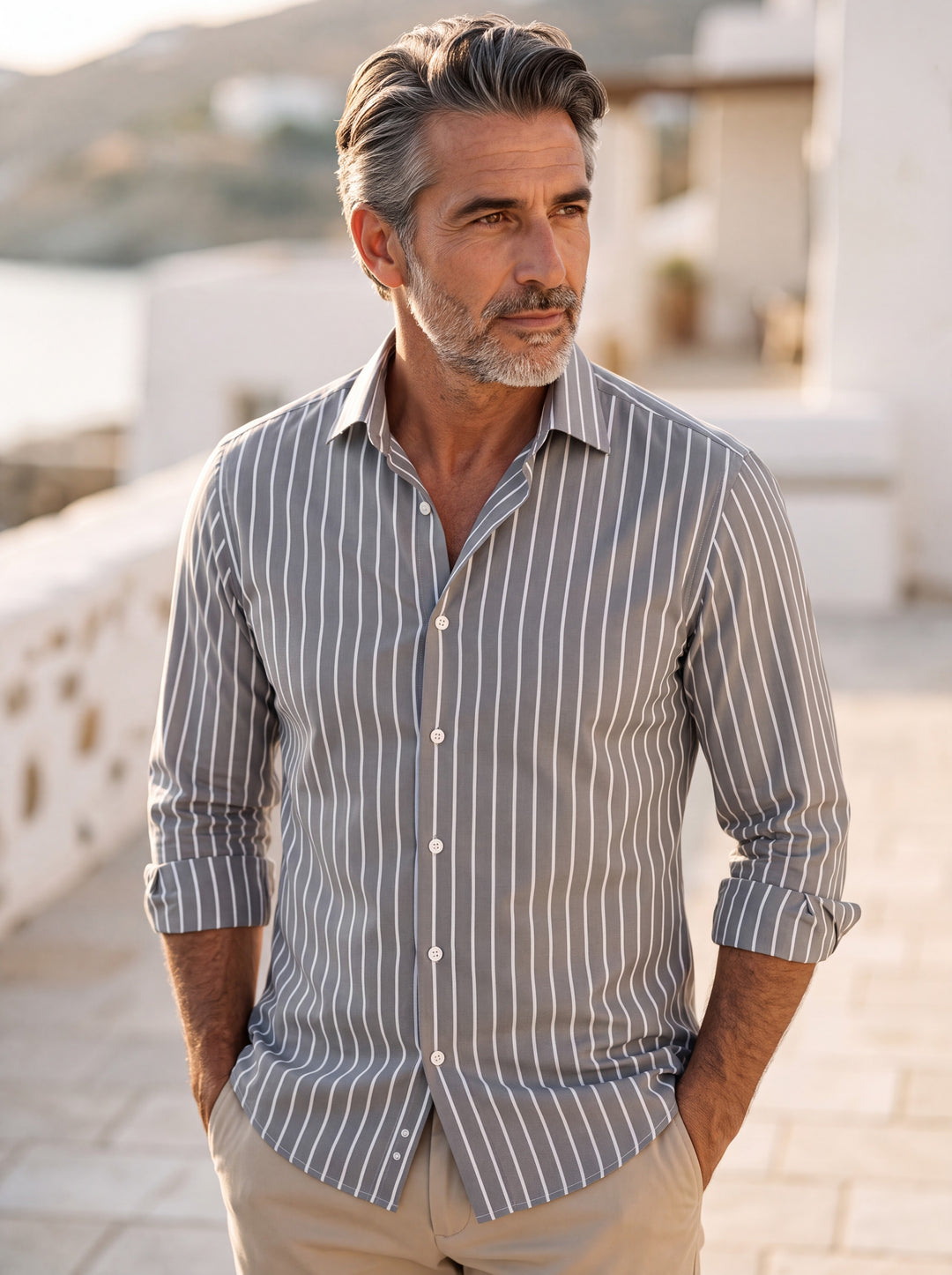 Edwin shirt in Grey, worn by a model in a Mediterranean setting - Gentlemens Manor lifestyle