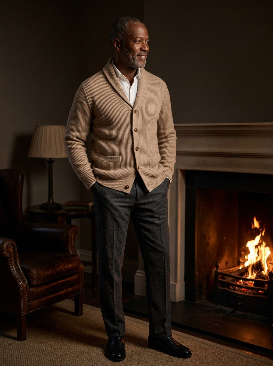 Eldridge ribbed cardigan in Beige, lifestyle, Gentlemens Manor