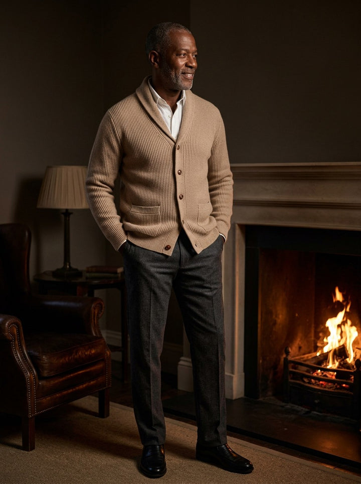 Eldridge ribbed cardigan in Beige, lifestyle, Gentlemens Manor