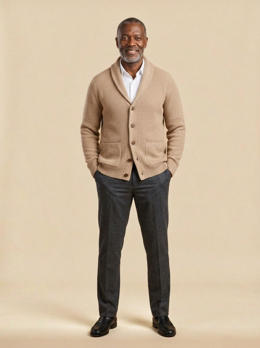Eldridge ribbed cardigan in Beige, studio, Gentlemens Manor