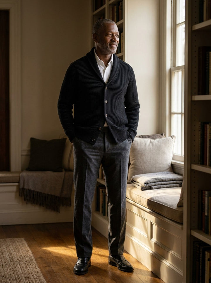 Eldridge ribbed cardigan in Black, lifestyle, Gentlemens Manor