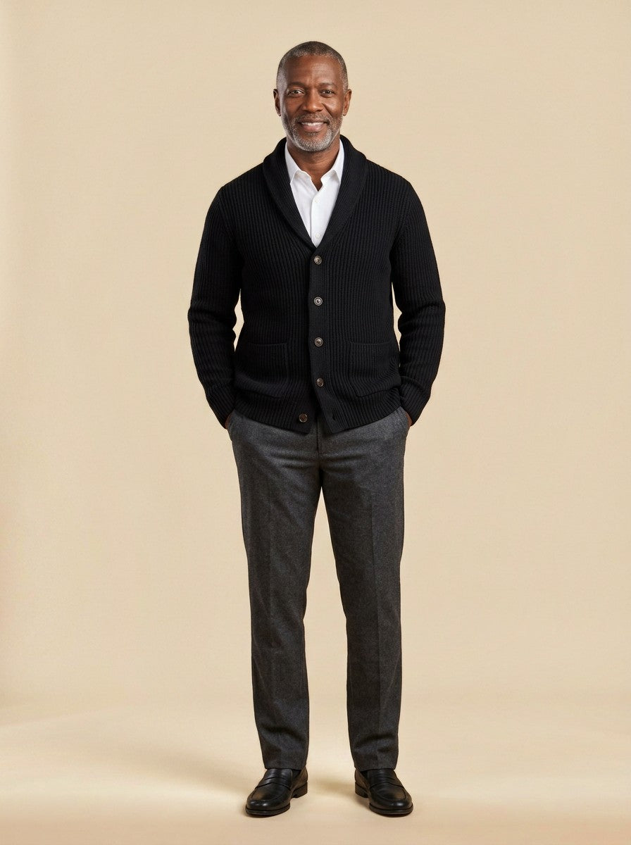 Eldridge ribbed cardigan in Black, studio, Gentlemens Manor