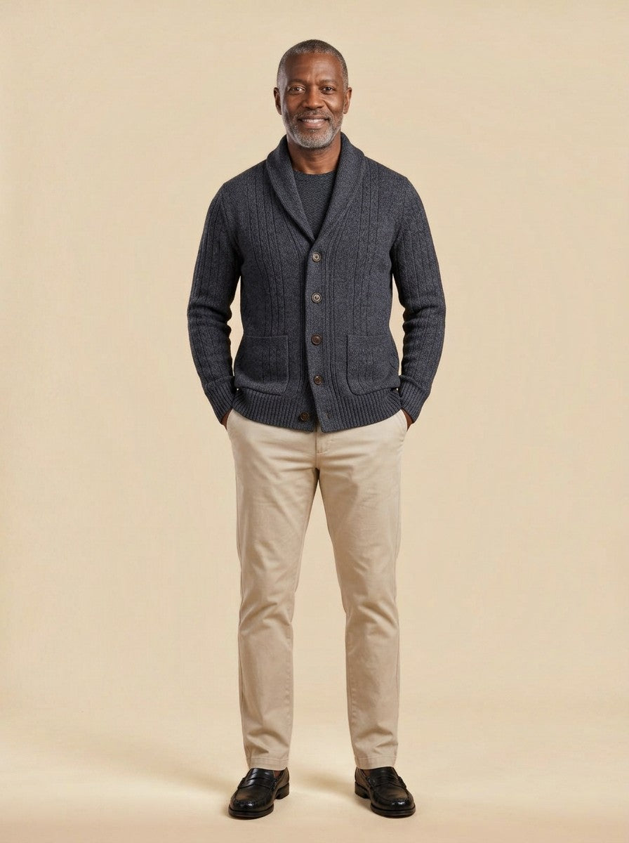 Eldridge ribbed cardigan in Charcoal, studio, Gentlemens Manor