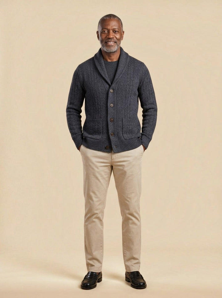 Eldridge ribbed cardigan in Charcoal, studio, Gentlemens Manor