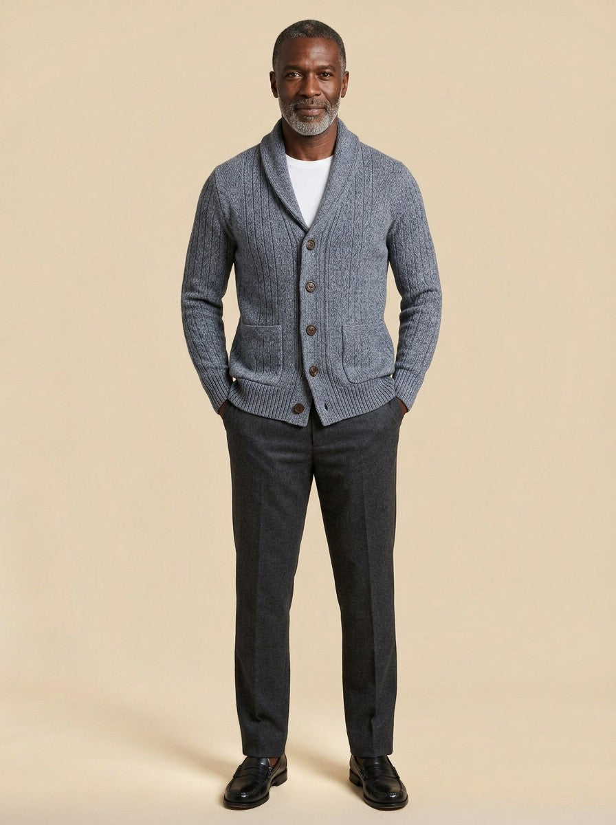 Eldridge ribbed cardigan in Grey, studio, Gentlemens Manor