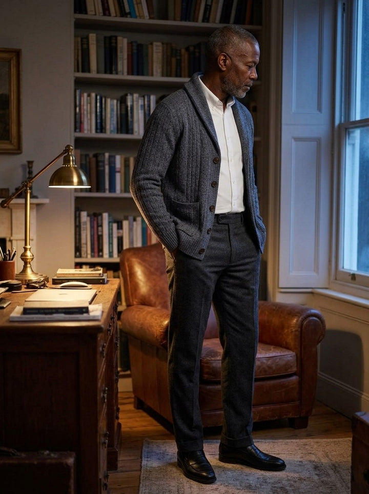 Eldridge ribbed cardigan in Grey, lifestyle, Gentlemens Manor