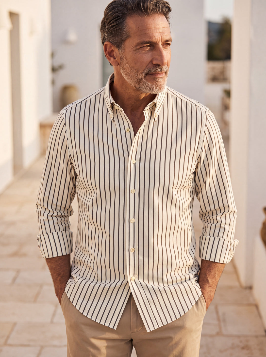 Eli shirt in Brown, worn by a model in a Mediterranean setting - Gentlemens Manor lifestyle