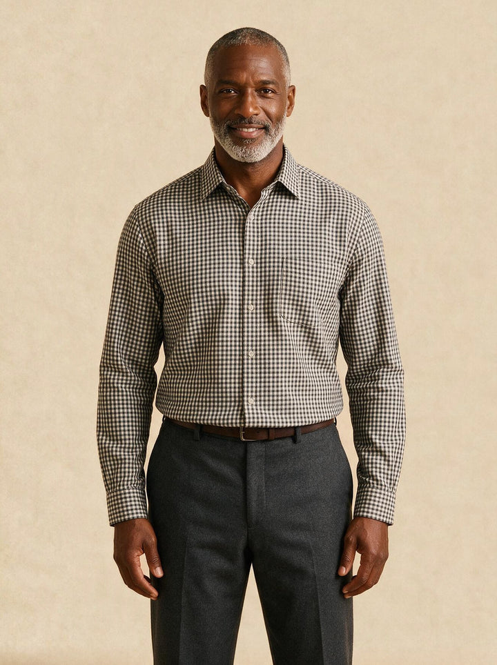 Ellery check shirt in Charcoal, studio, Gentlemens Manor