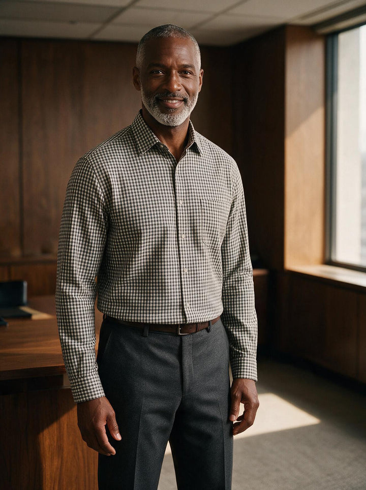 Ellery check shirt in Charcoal, lifestyle, Gentlemens Manor