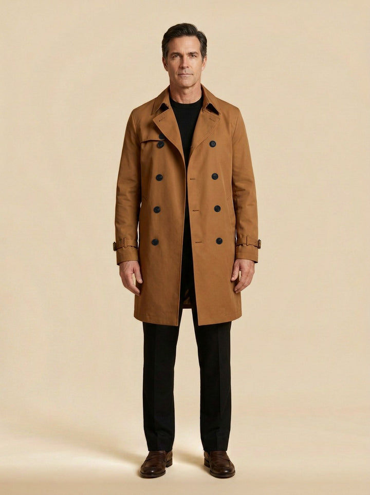 Ellington double breasted trench coat in Brown, studio, Gentlemens Manor
