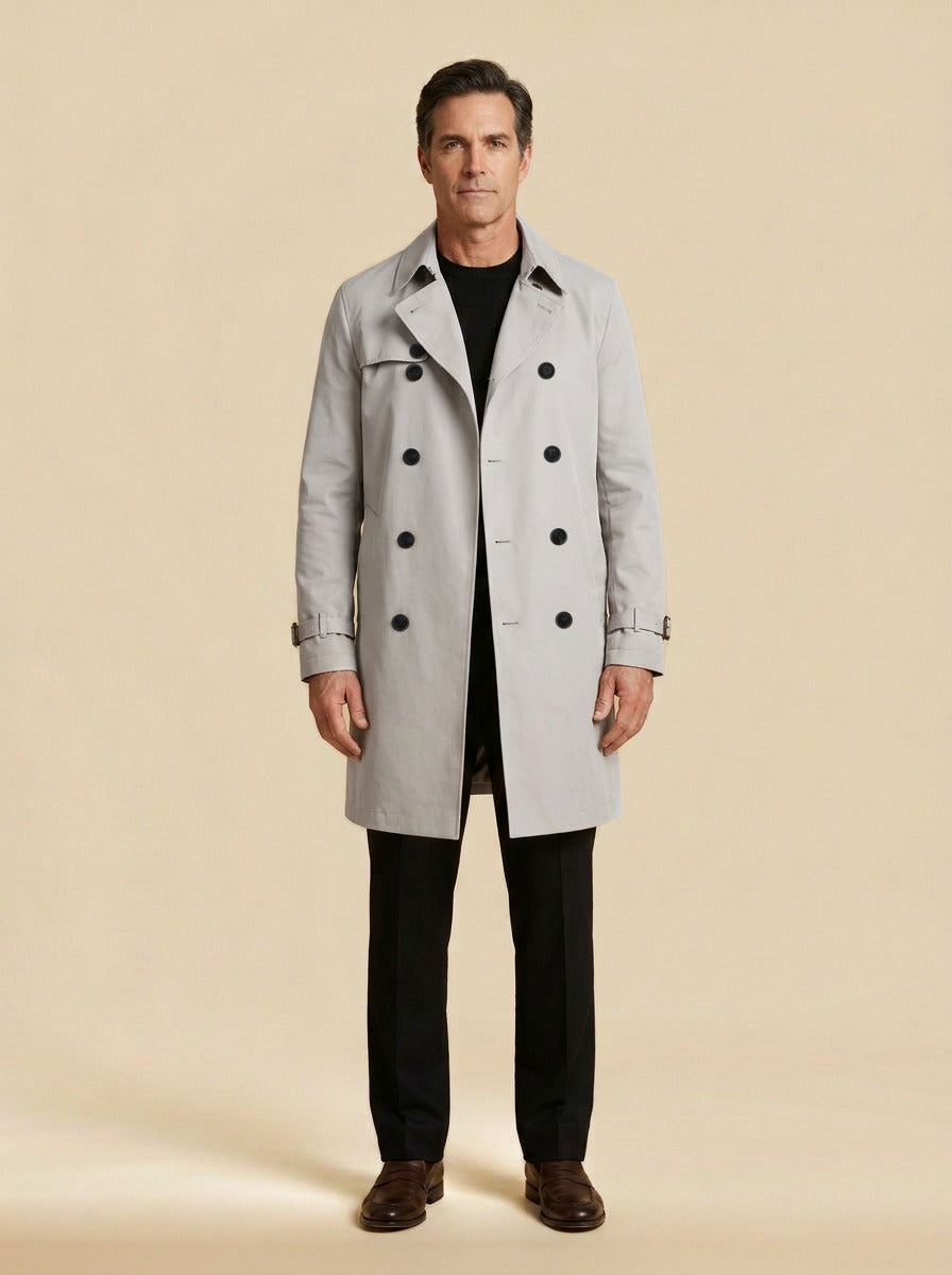 Ellington double breasted trench coat in Light Grey, studio, Gentlemens Manor
