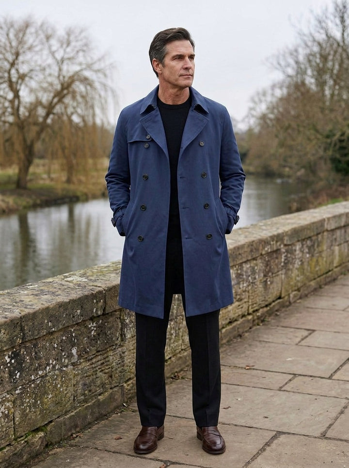 Ellington double breasted trench coat in Navy, lifestyle on a stone footbridge, Gentlemens Manor