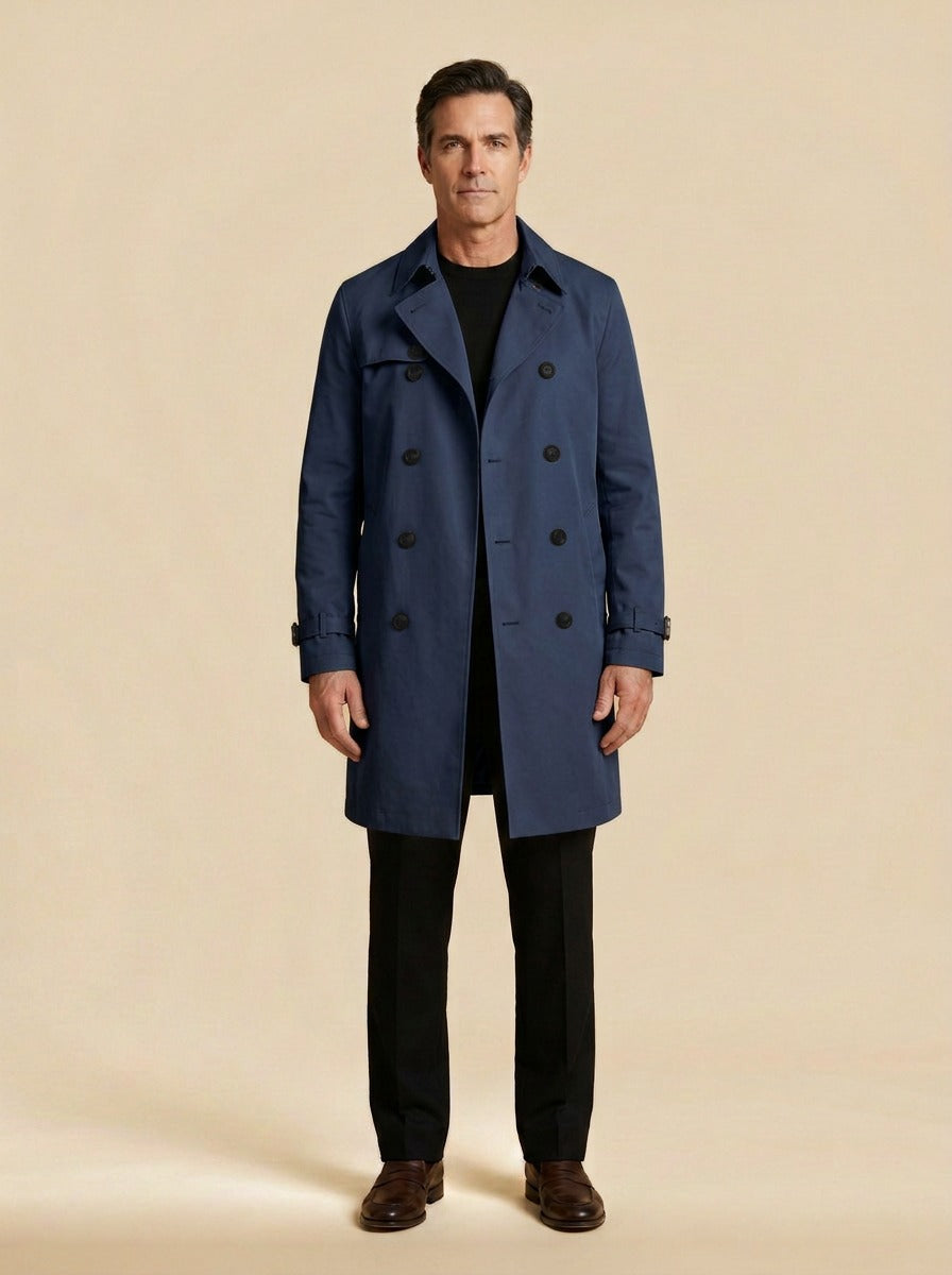Ellington double breasted trench coat in Navy, studio, Gentlemens Manor